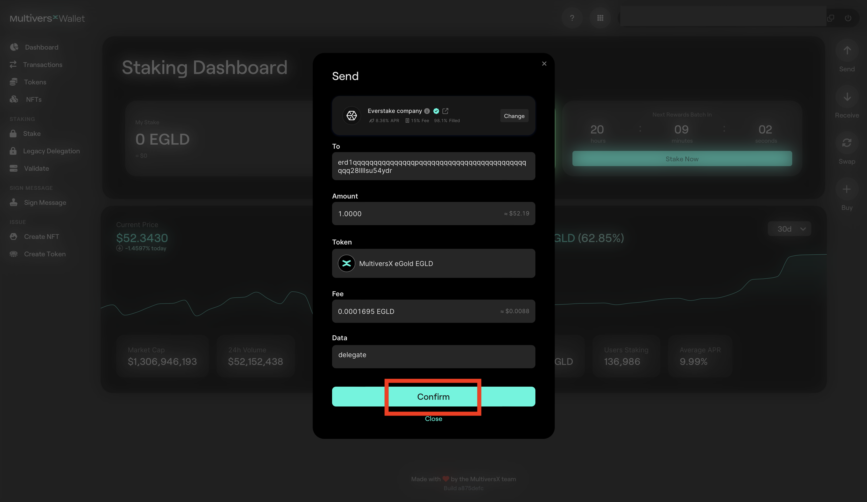 MultiversX Wallet Confirming transaction step