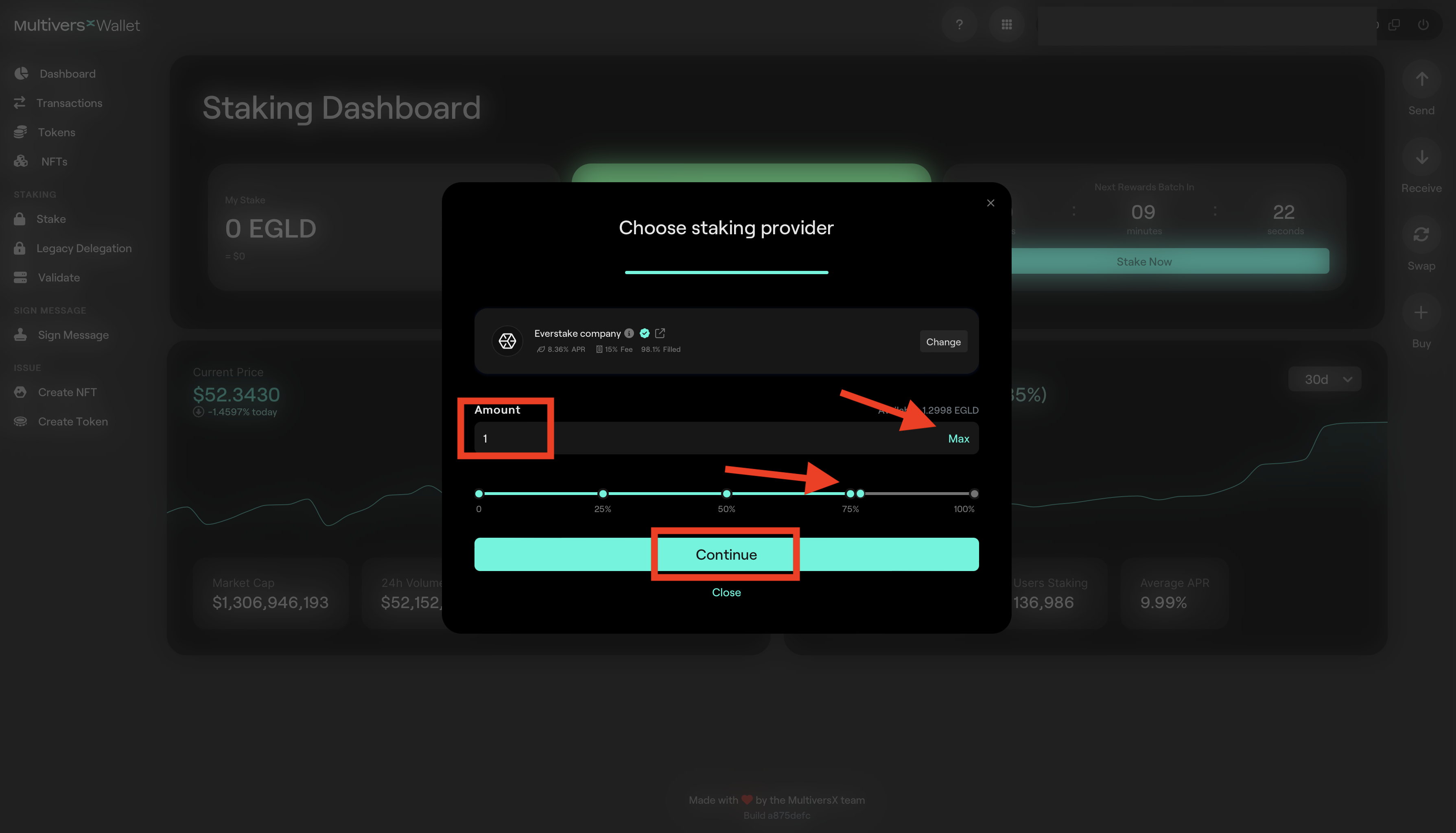 MultiversX Wallet Entering amount of EGLD you want to stake