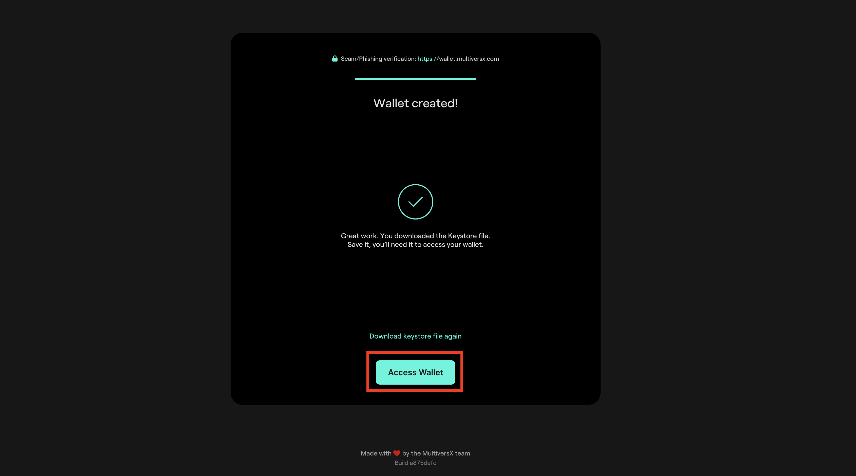 MultiversX Wallet Wallet created message