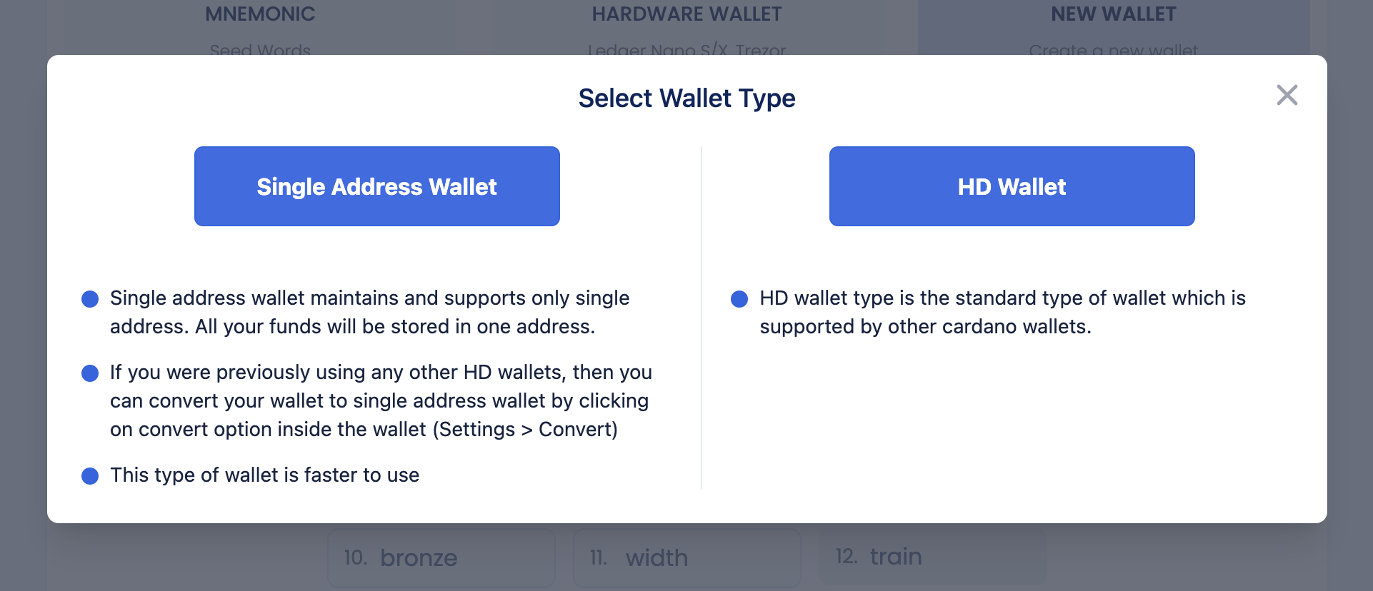Select wallet type