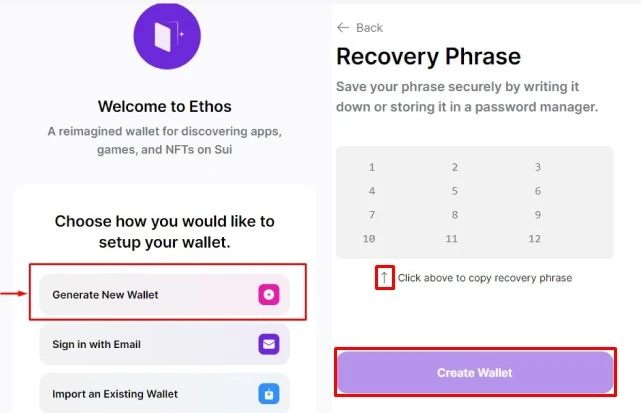 Click Generate a New Wallet, save your recovery phrase, then click Create Wallet