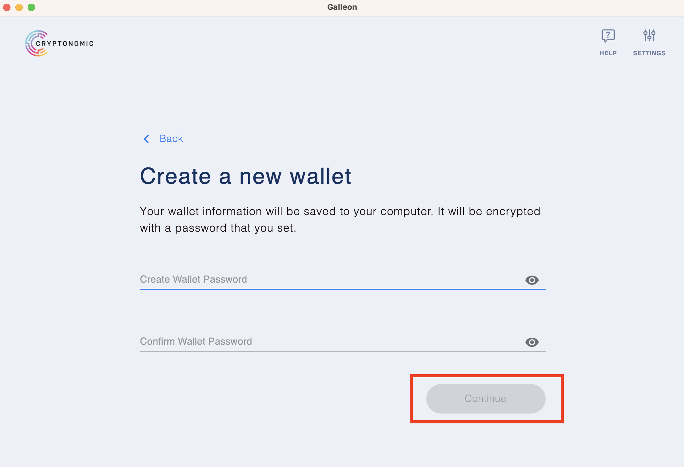Galleon wallet - creating new password