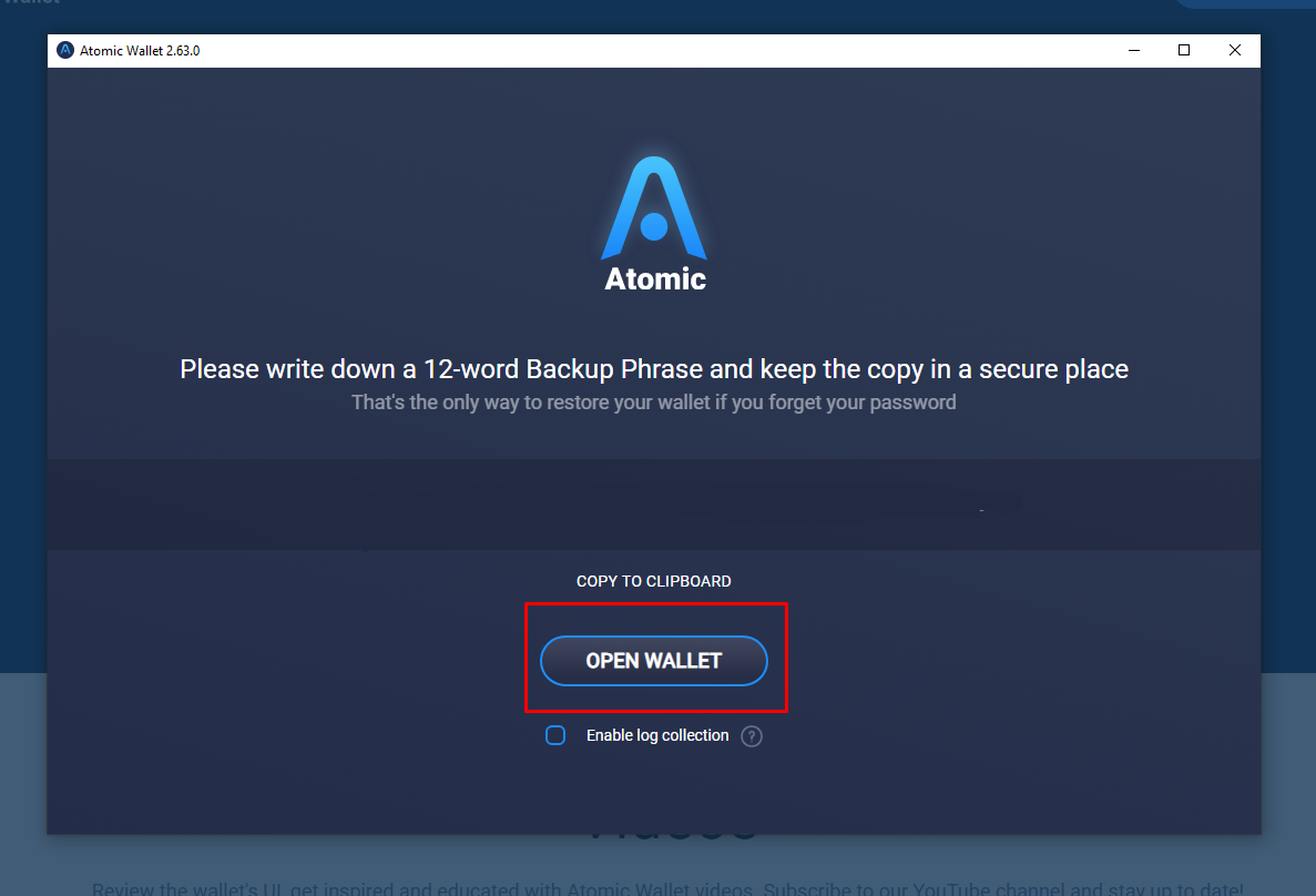 Atomic wallet, open wallet screen