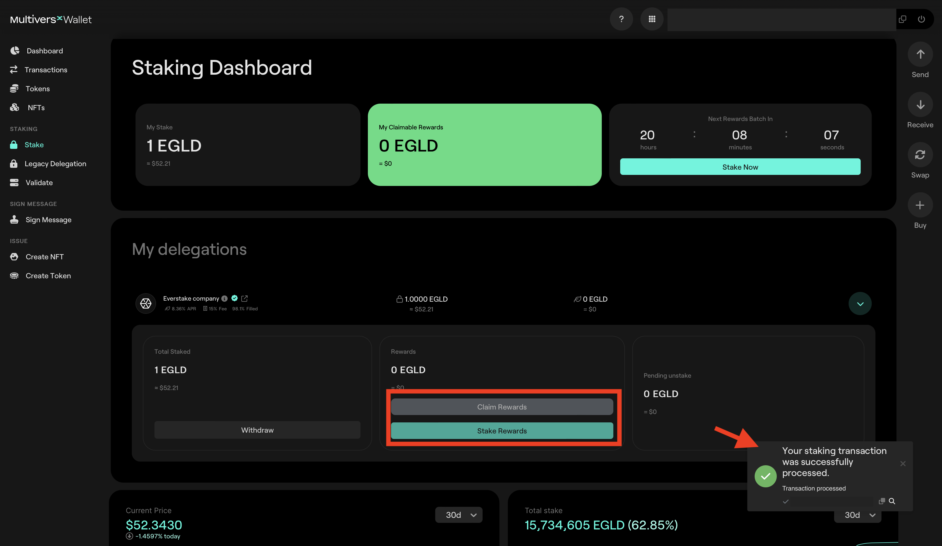 MultiversX Wallet Checking successful transaction menu