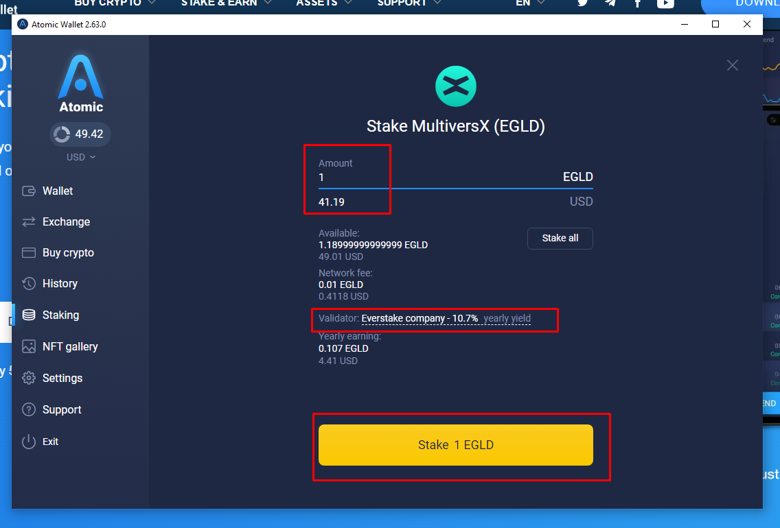 Atomic wallet, stake 1 EGLD screen