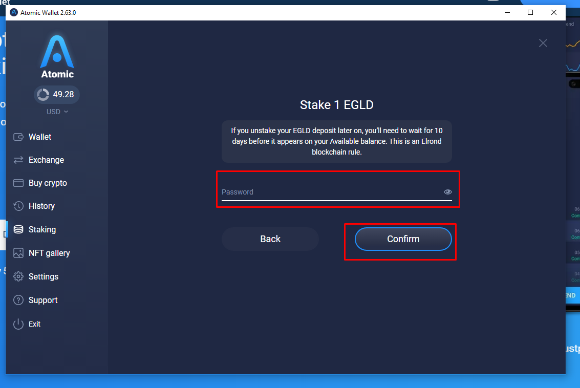 Atomic wallet, confirm password screen