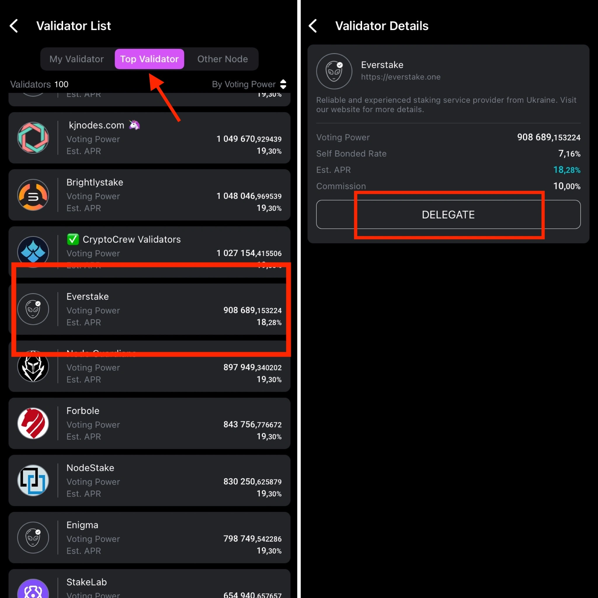 Cosmostation wallet, choose validator and delegate