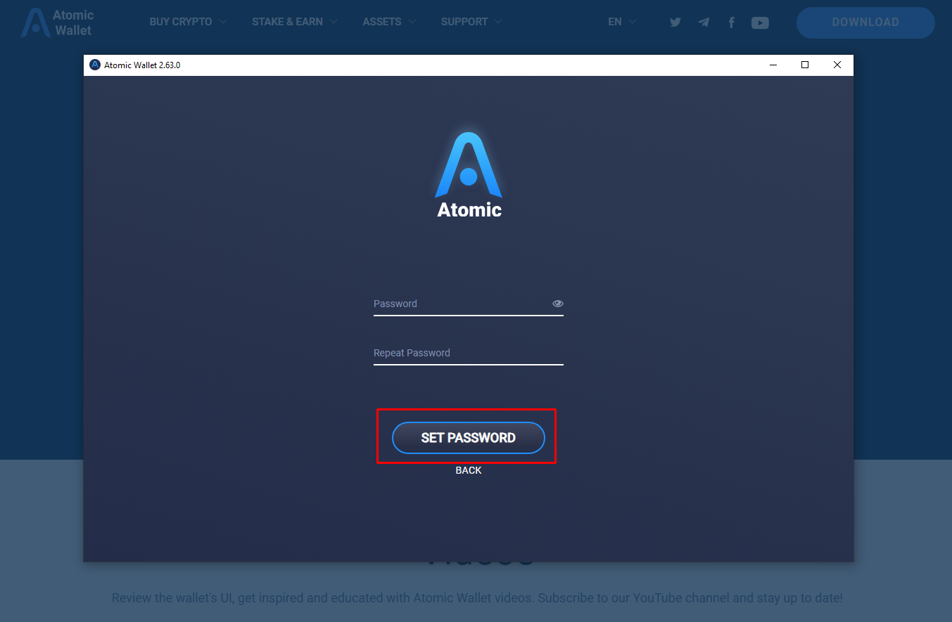 Atomic wallet, set password