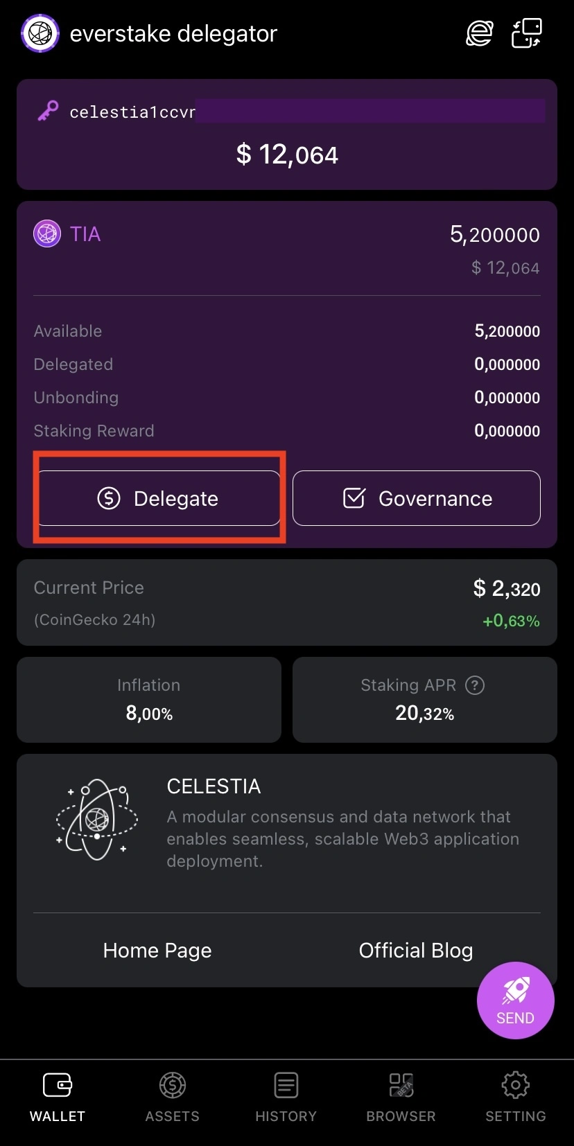 Cosmostation wallet, delegate button