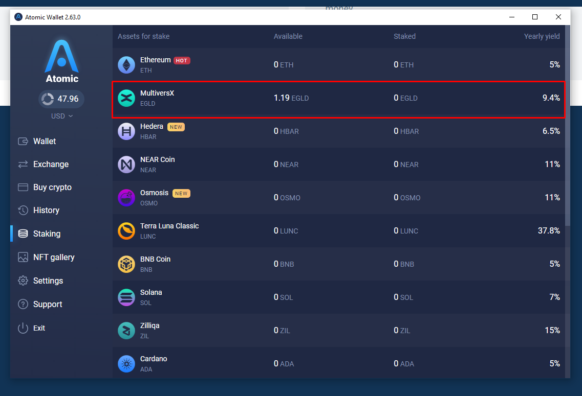 Atomic wallet, list of staking assets screen