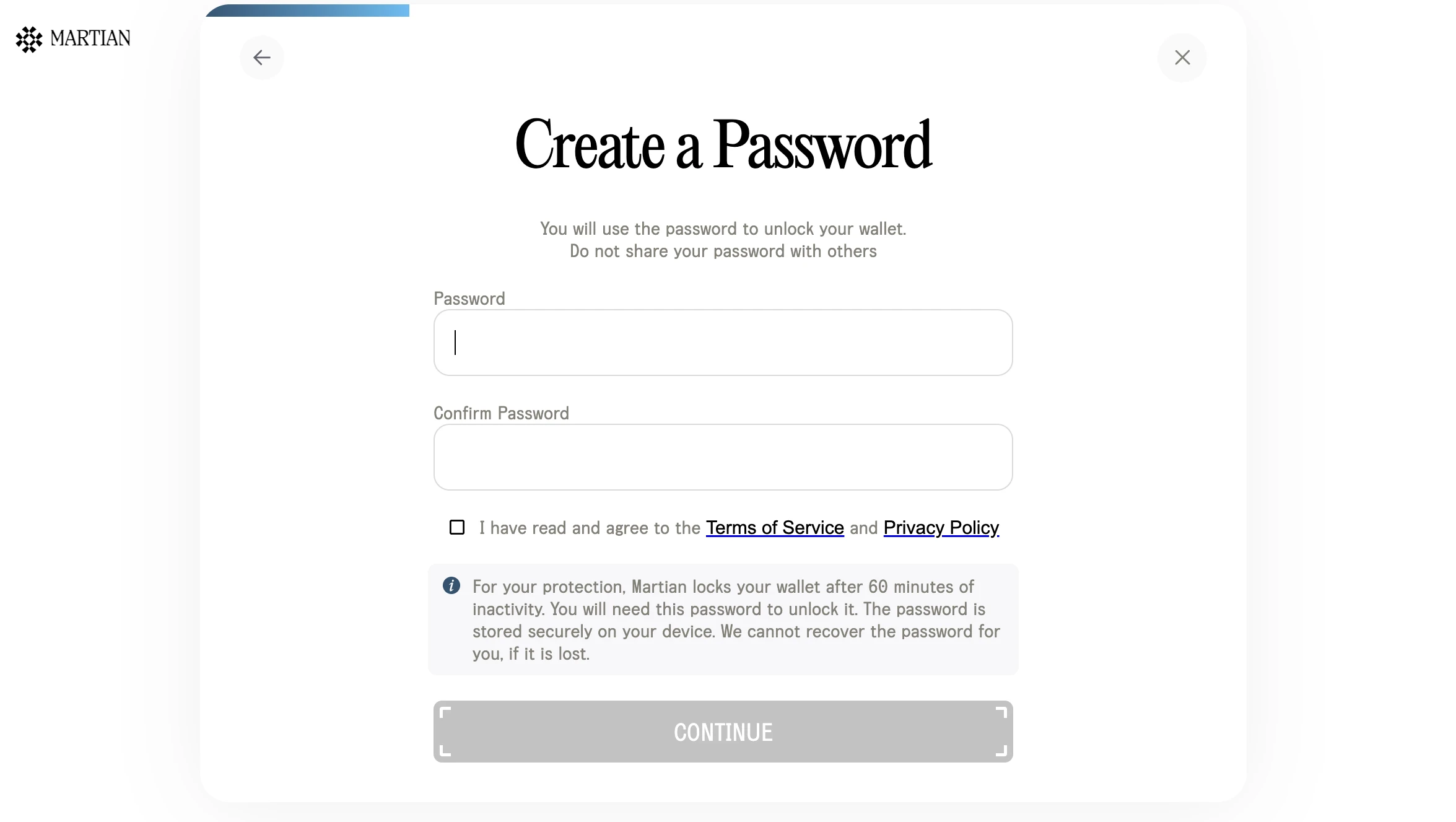 3 Create a strong password for Martian Wallet