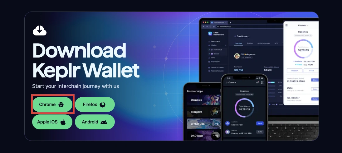 Keplr Wallet website, download app button