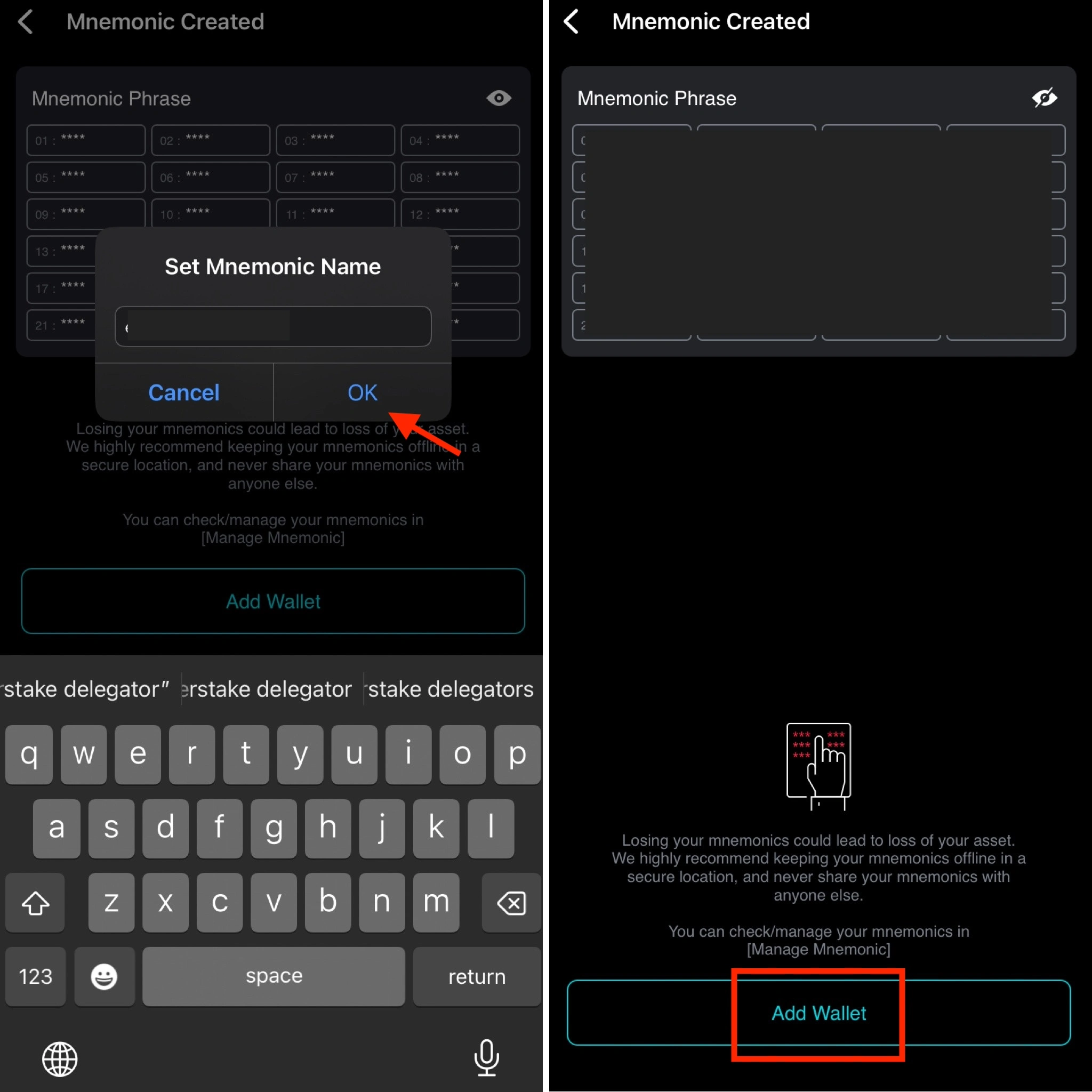 Cosmostation wallet, set mnemonic 