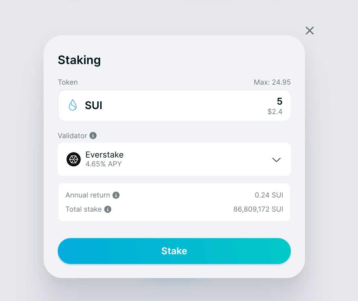 Check the Sui staking details and hit the Stake button