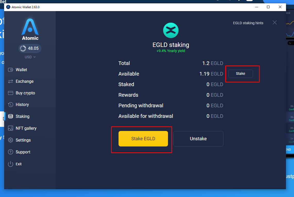 Atomic wallet, stake EGLD screen