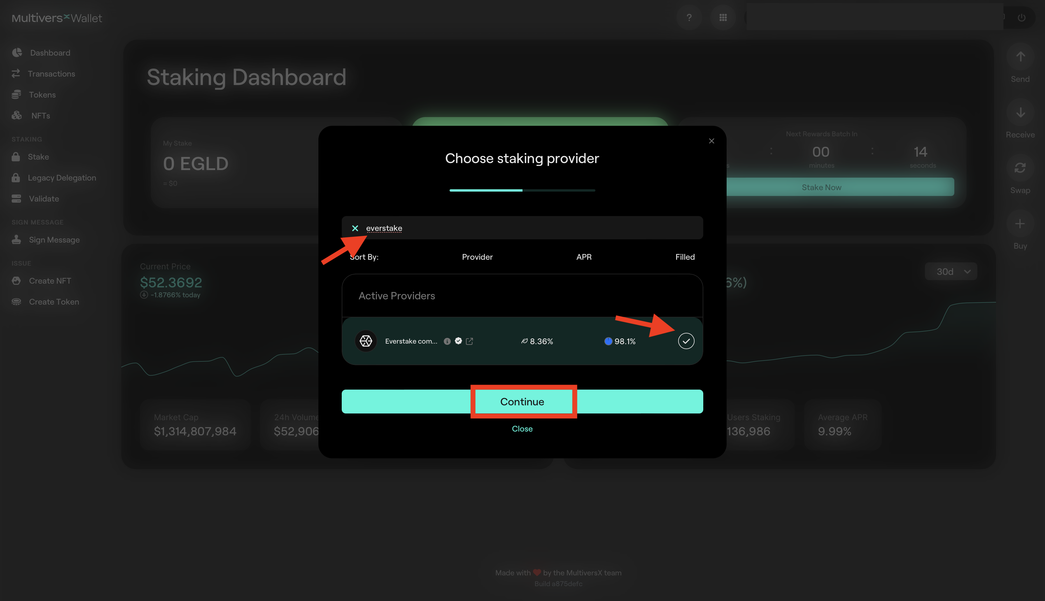 MultiversX Wallet Choosing a staking provider