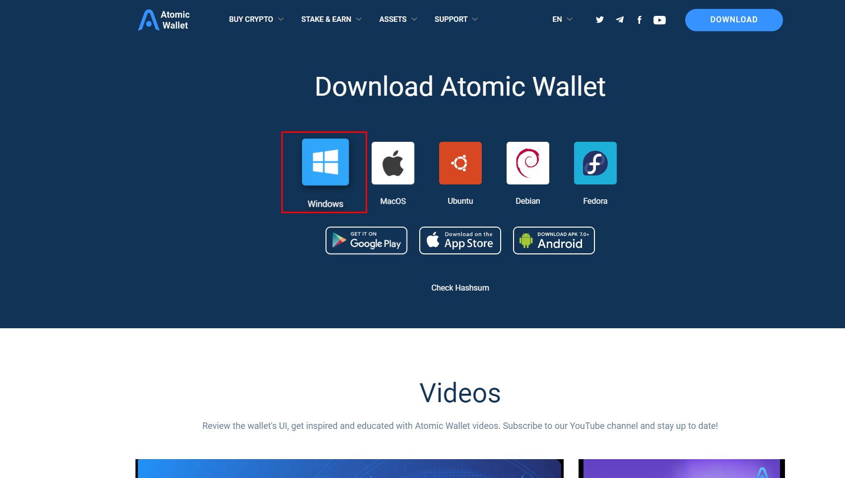 Atomic wallet website, download page, windows button