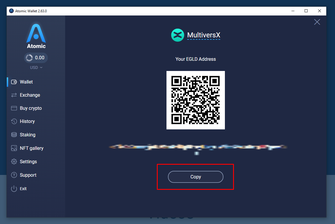 Atomic wallet, EGLD wallet address screen