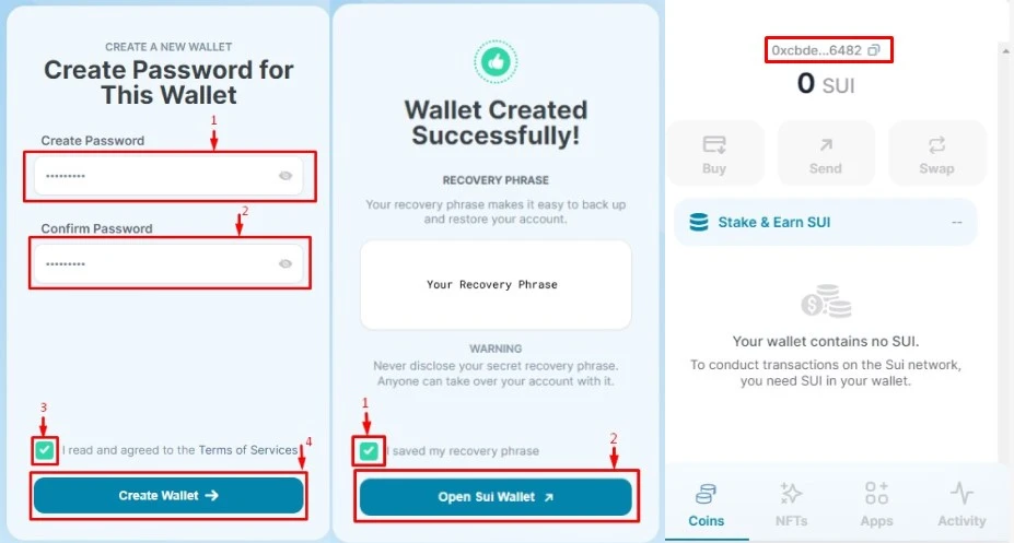 Click Create a New Wallet, save your recovery phrase, then click Open Sui Wallet.