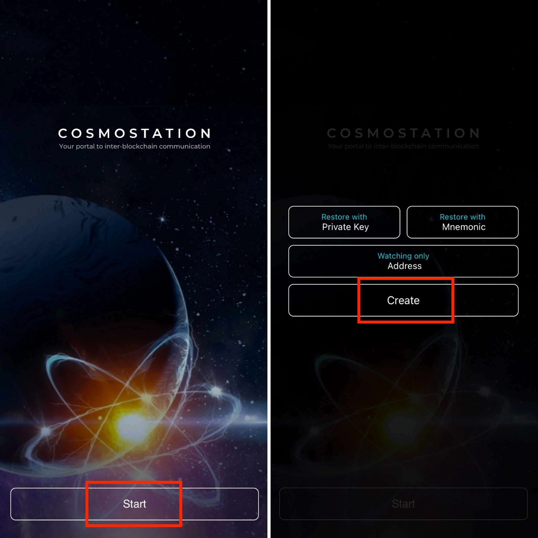 Cosmostation wallet, start button