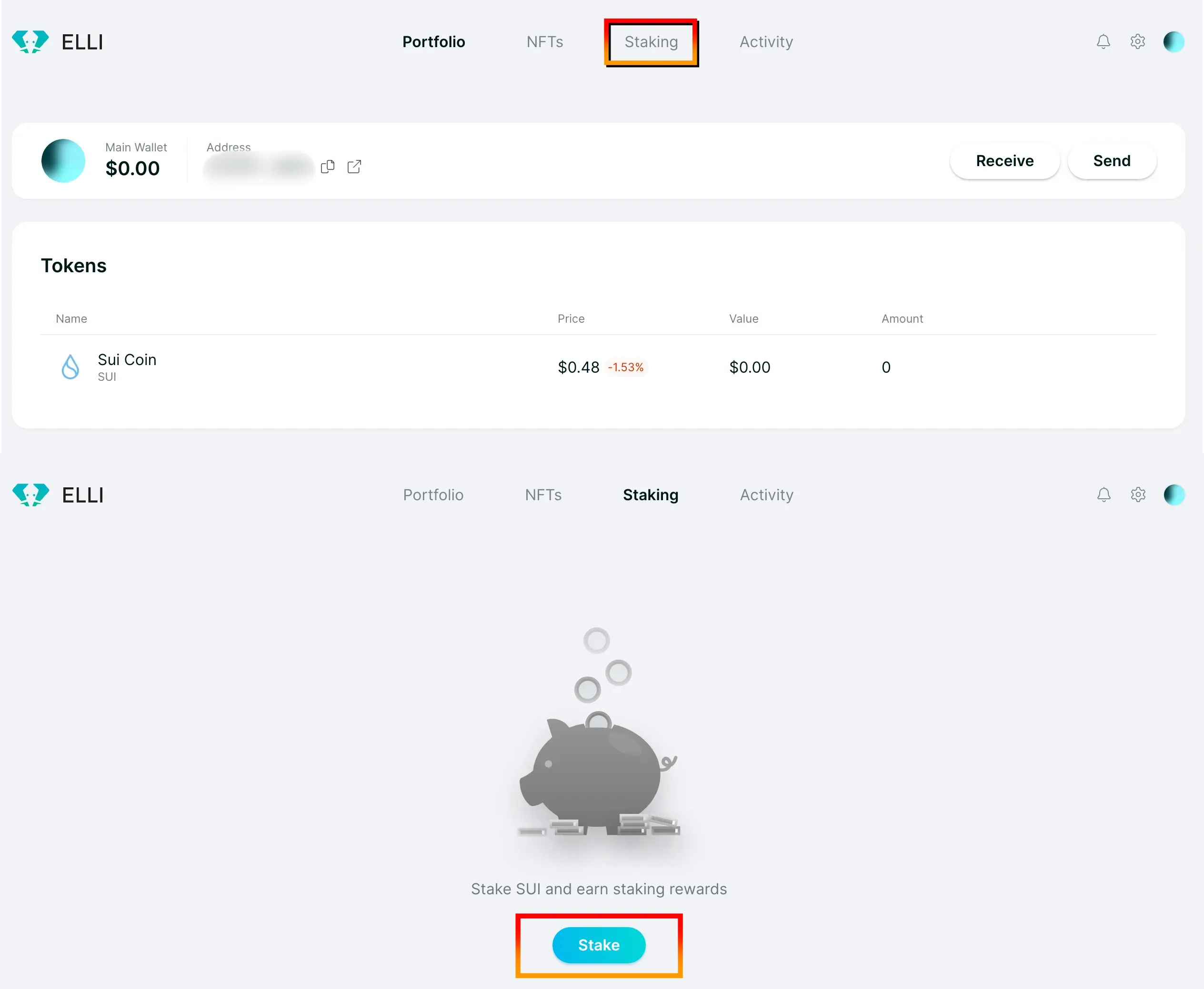 Go to the Staking section in Elli wallet