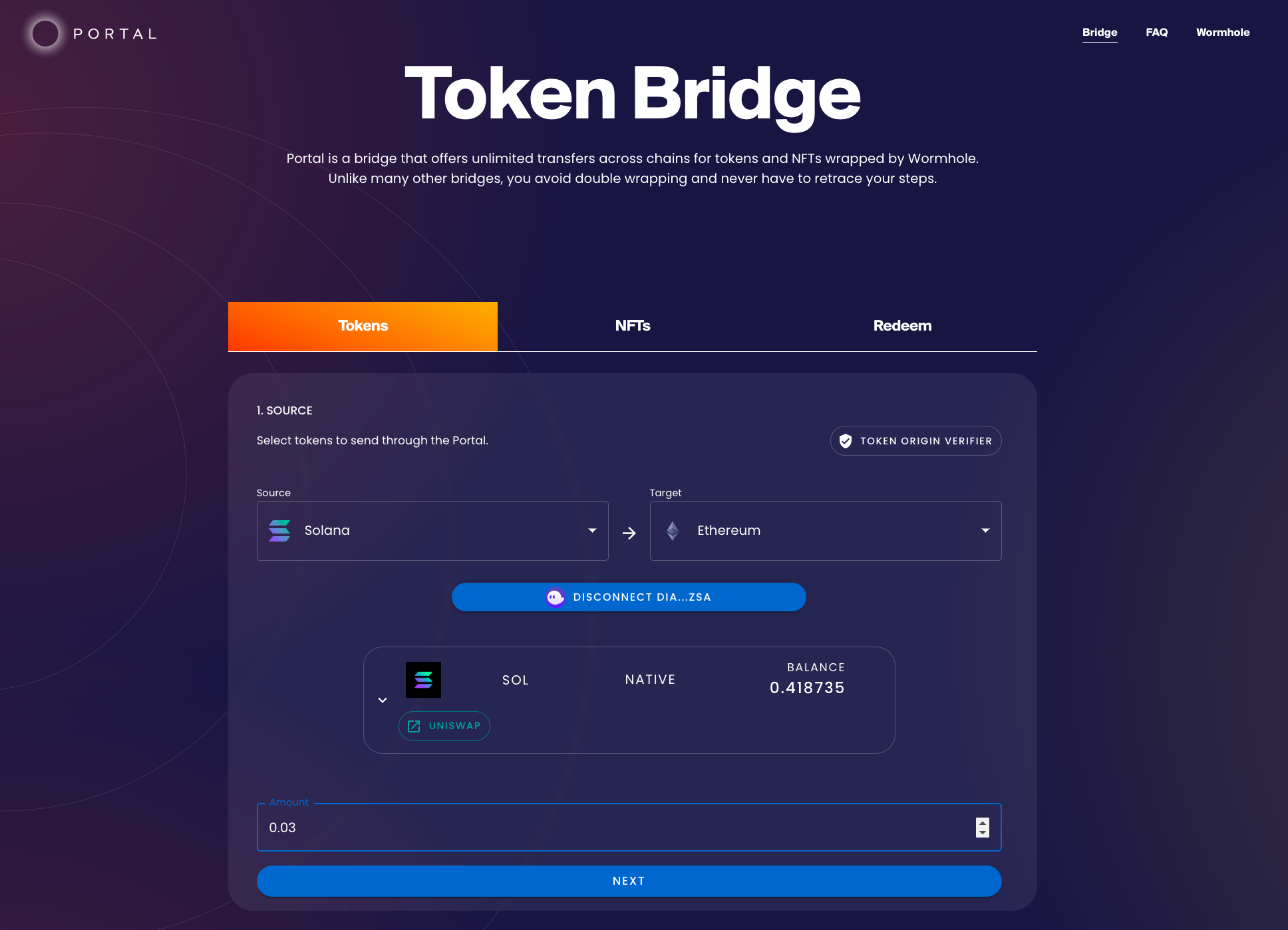 enter amount you want to transfer via Portal token bridge
