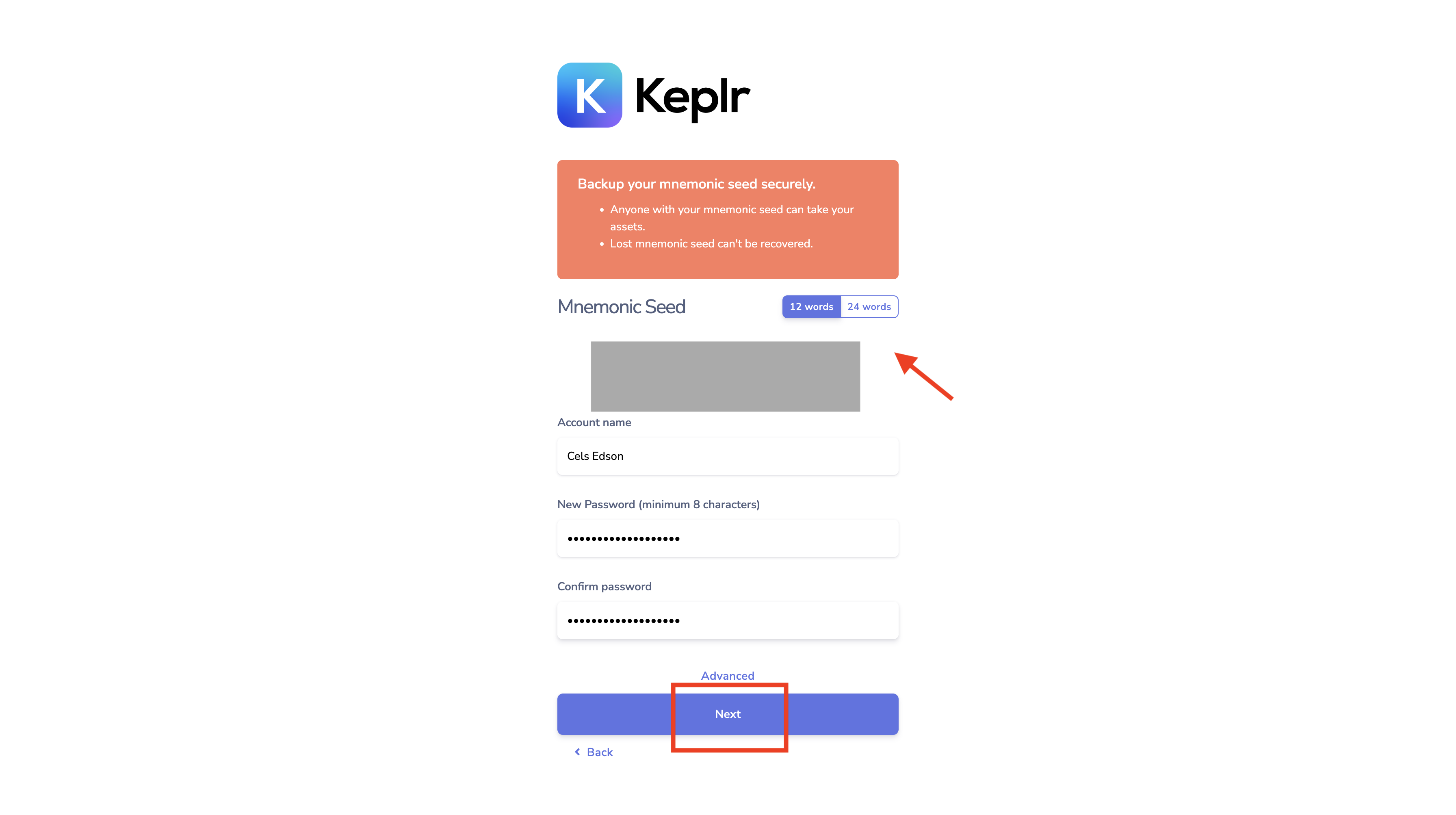 Keplr Wallet, setting mnemonic phrase