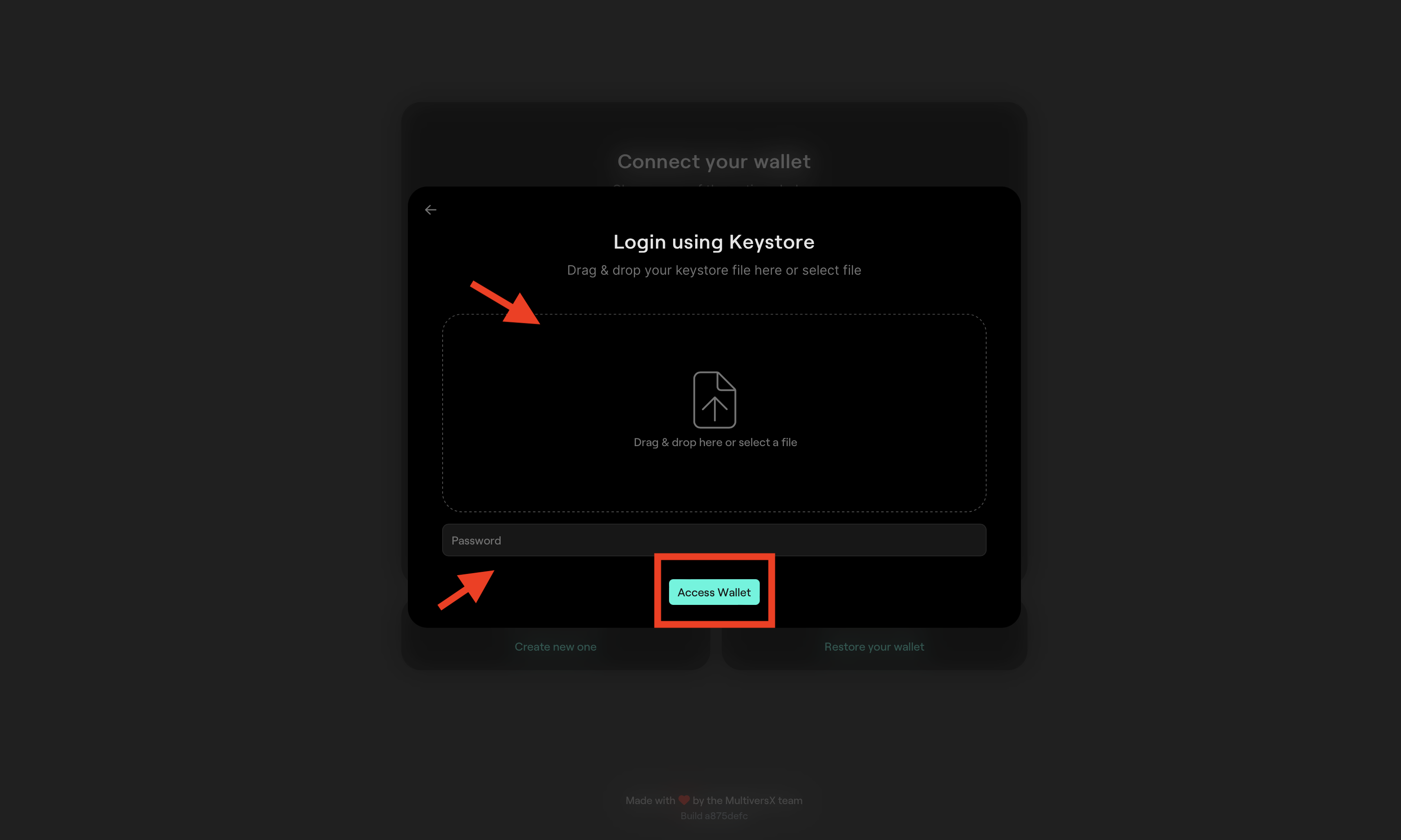 MultiversX Wallet Log in using Key store file and password